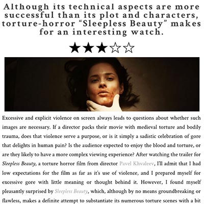  Although its technical aspects are more successful than its plot and characters, torture-horror “Sleepless Beauty” makes for an interesting watch.